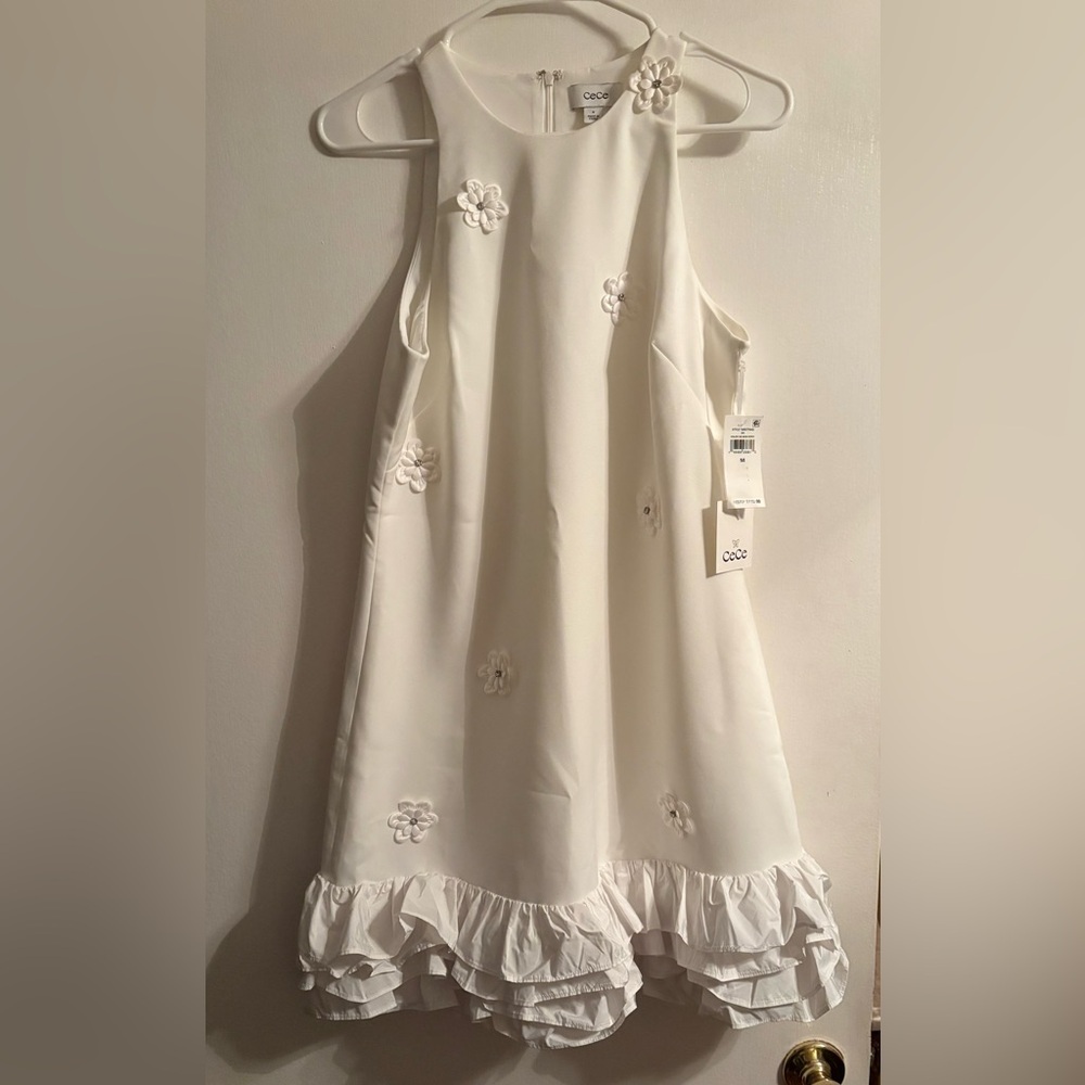 NWT CeCe Shift Dress with Ruffles and Embellished Flowers